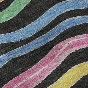 HomeRoots 8' X 8' Striped Washable Round Rug in Black, Yellow, Blue & Pink - UV Protected, Durable & Stylish! 694547