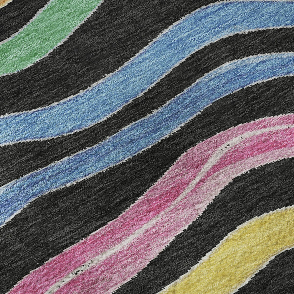HomeRoots 8' X 8' Striped Washable Round Rug in Black, Yellow, Blue & Pink - UV Protected, Durable & Stylish! 694547