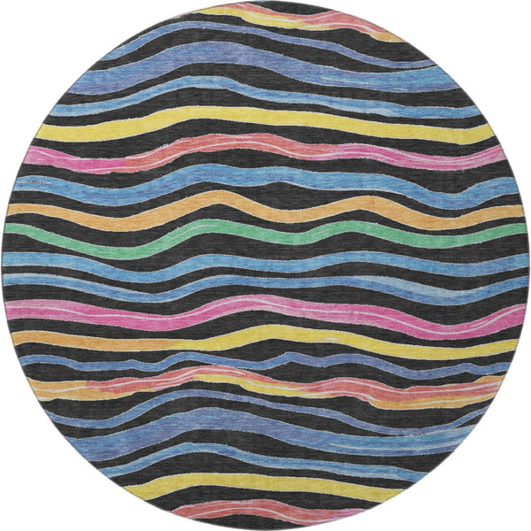 HomeRoots 8' X 8' Striped Washable Round Rug in Black, Yellow, Blue & Pink - UV Protected, Durable & Stylish! 694547