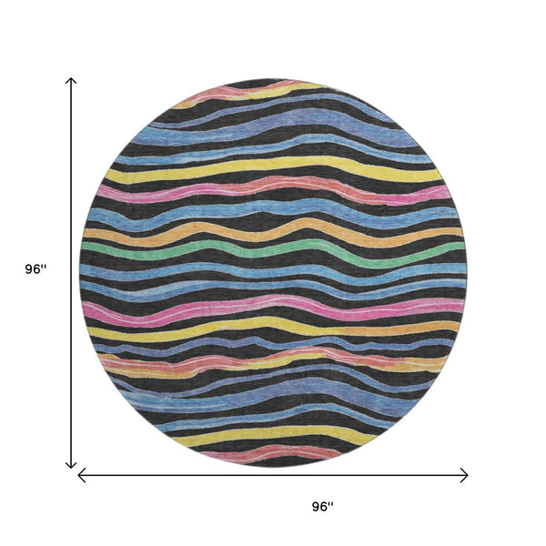 HomeRoots 8' X 8' Striped Washable Round Rug in Black, Yellow, Blue & Pink - UV Protected, Durable & Stylish! 694547
