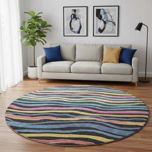 HomeRoots 8' X 8' Striped Washable Round Rug in Black, Yellow, Blue & Pink - UV Protected, Durable & Stylish! 694547
