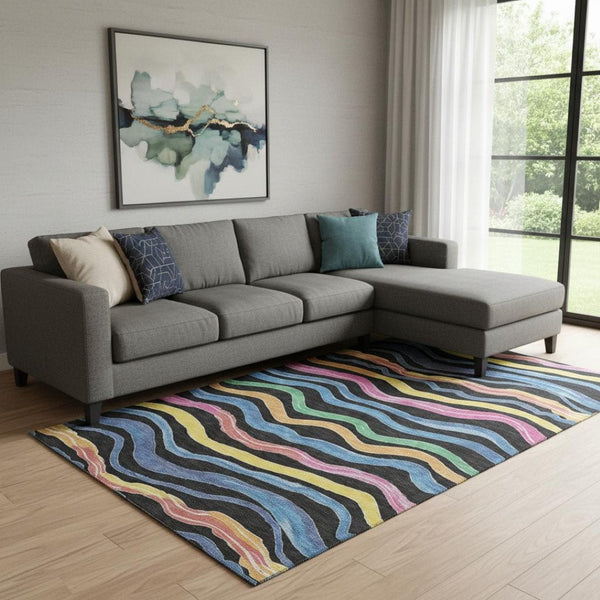 HomeRoots 8' Vibrant Striped Washable Area Rug - UV Protected, Durable Polyester, Perfect for Homes with Kids & Pets 694548