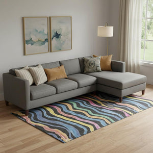 HomeRoots 9' X 12' Striped Washable Area Rug – Bold Black, Yellow, Blue & Pink with UV Protection for Home Decor 694549