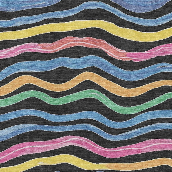 HomeRoots 9' X 12' Striped Washable Area Rug – Bold Black, Yellow, Blue & Pink with UV Protection for Home Decor 694549