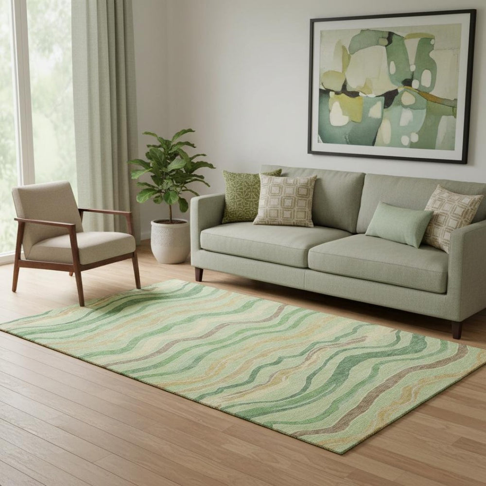 HomeRoots 5' X 8' Stylish Green Wheat & Ivory Striped Area Rug – UV Protected, Stain-Resistant & Durable Design 694552