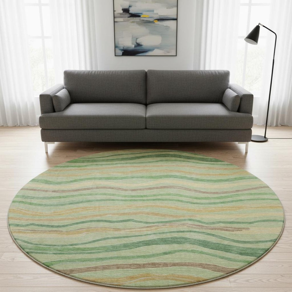 HomeRoots 8' X 8' Washable Green, Wheat & Ivory Striped Round Rug with UV Protection for Stylish Spaces 694553
