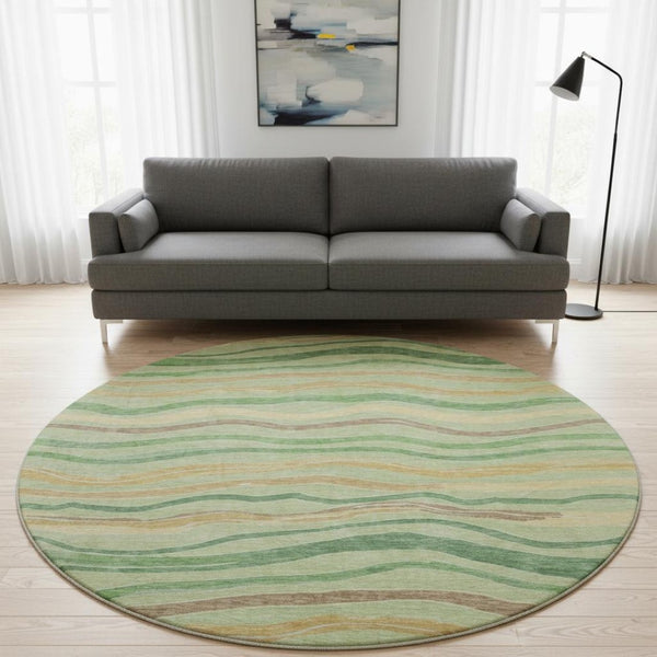 HomeRoots 8' X 8' Washable Green, Wheat & Ivory Striped Round Rug with UV Protection for Stylish Spaces 694553