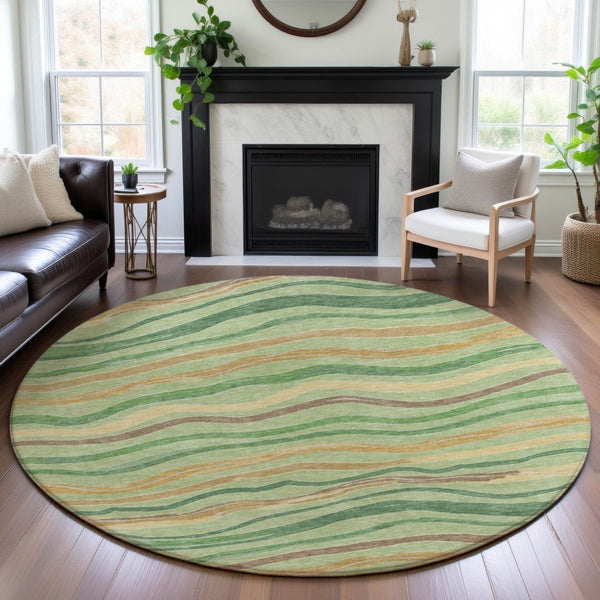 HomeRoots 8' X 8' Washable Green, Wheat & Ivory Striped Round Rug with UV Protection for Stylish Spaces 694553