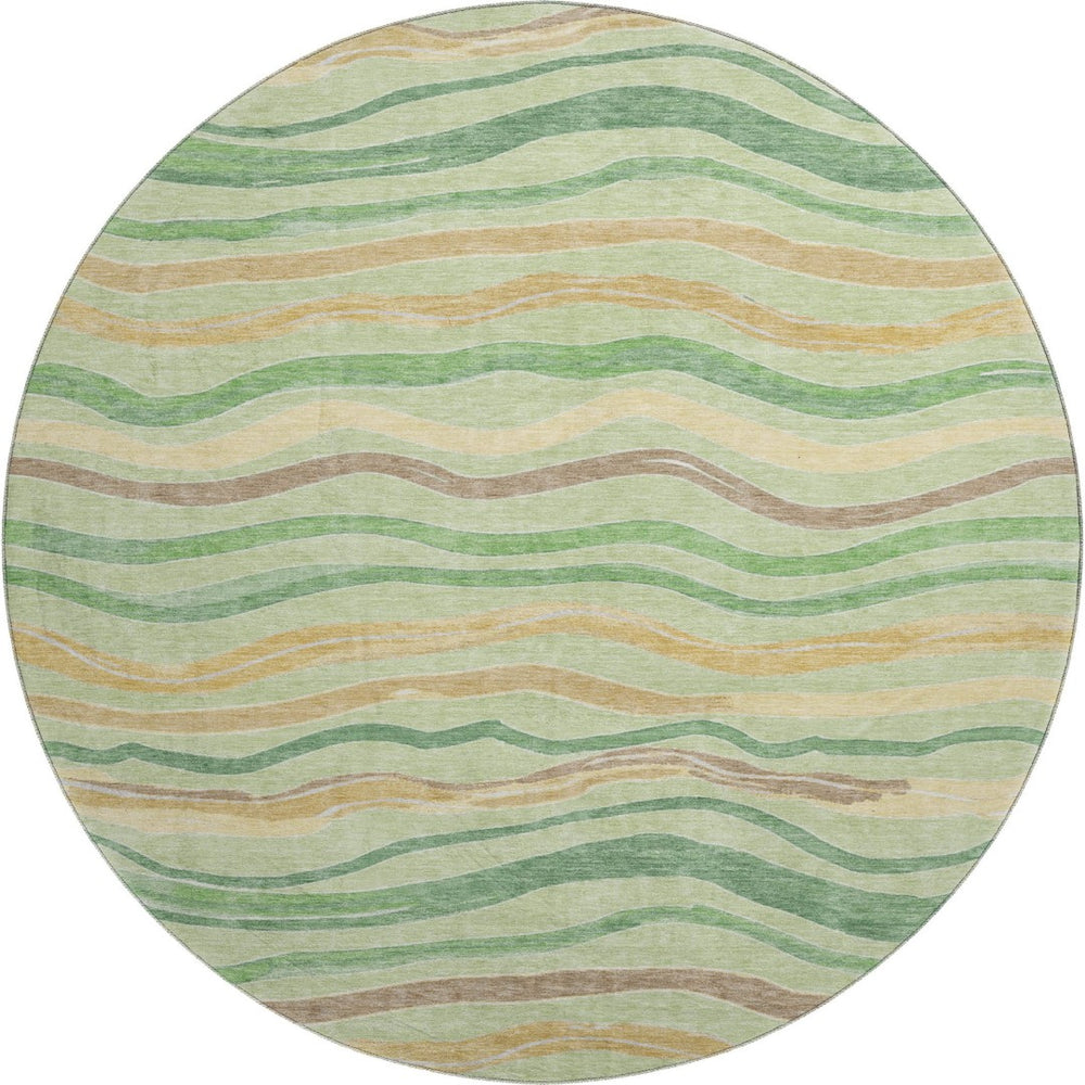 HomeRoots 8' X 8' Washable Green, Wheat & Ivory Striped Round Rug with UV Protection for Stylish Spaces 694553