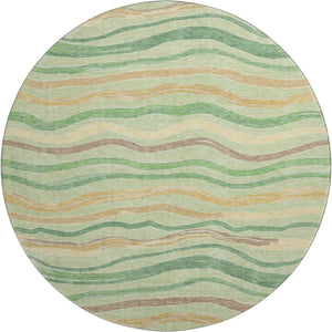 HomeRoots 8' X 8' Washable Green, Wheat & Ivory Striped Round Rug with UV Protection for Stylish Spaces 694553