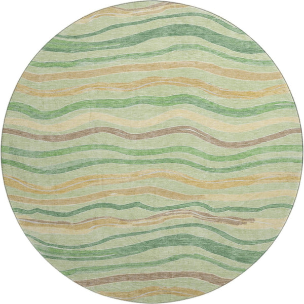 HomeRoots 8' X 8' Washable Green, Wheat & Ivory Striped Round Rug with UV Protection for Stylish Spaces 694553