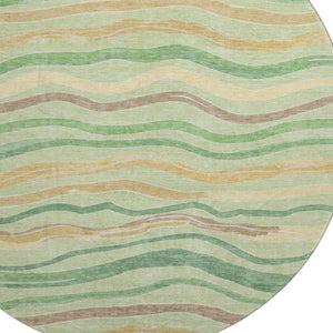 HomeRoots 8' X 8' Washable Green, Wheat & Ivory Striped Round Rug with UV Protection for Stylish Spaces 694553