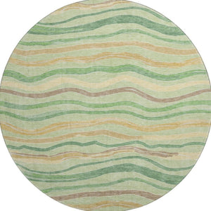 HomeRoots 8' X 8' Washable Green, Wheat & Ivory Striped Round Rug with UV Protection for Stylish Spaces 694553