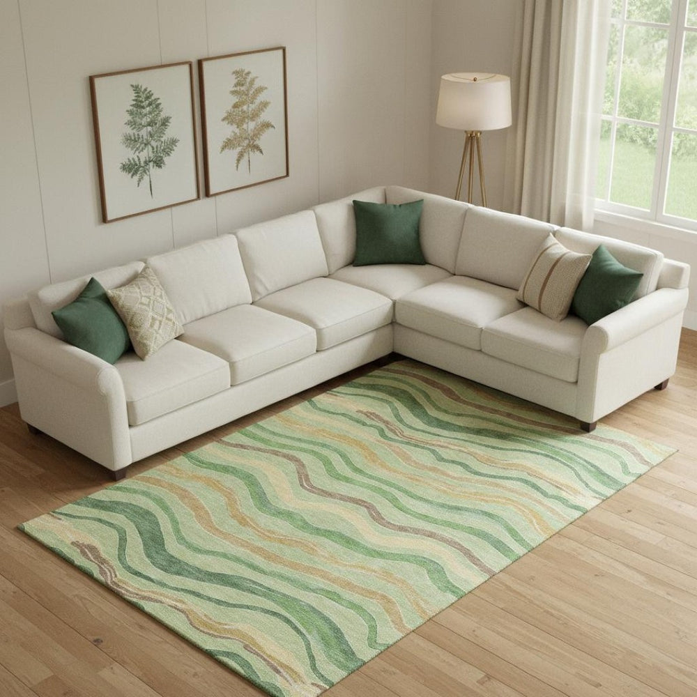 HomeRoots 9' X 12' Stylish Green Wheat Ivory Striped Area Rug - Washable, UV Protected, Pet-Friendly Design 694555