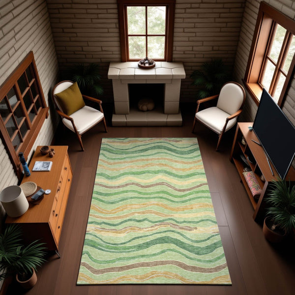 HomeRoots 9' X 12' Stylish Green Wheat Ivory Striped Area Rug - Washable, UV Protected, Pet-Friendly Design 694555