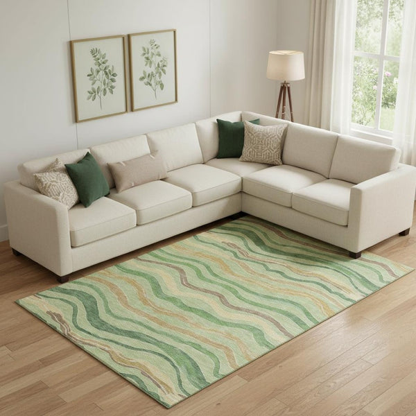 HomeRoots 10' X 14' Striped Washable Area Rug in Green and Ivory with UV Protection for High-Traffic Spaces 694556