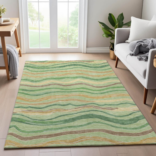 HomeRoots 10' X 14' Striped Washable Area Rug in Green and Ivory with UV Protection for High-Traffic Spaces 694556