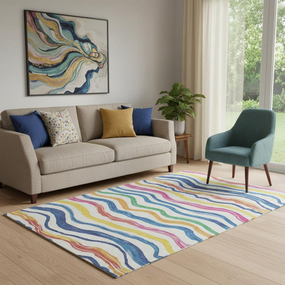 HomeRoots 5' X 8' Washable Striped Area Rug in Ivory, Blue, Yellow & Pink – Durable, UV Protected & Stylish! 694558