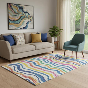 HomeRoots 5' X 8' Washable Striped Area Rug in Ivory, Blue, Yellow & Pink – Durable, UV Protected & Stylish! 694558
