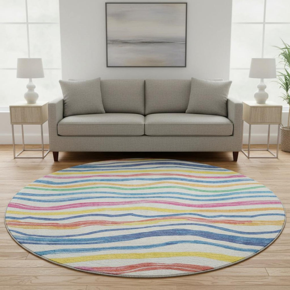 HomeRoots 8' X 8' Striped Washable Round Rug in Ivory, Blue, Yellow & Pink - UV Protected & Stain Resistant! 694559