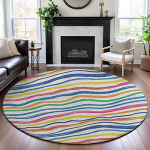 HomeRoots 8' X 8' Striped Washable Round Rug in Ivory, Blue, Yellow & Pink - UV Protected & Stain Resistant! 694559