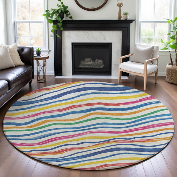HomeRoots 8' X 8' Striped Washable Round Rug in Ivory, Blue, Yellow & Pink - UV Protected & Stain Resistant! 694559