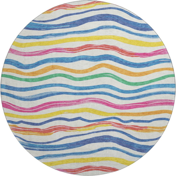 HomeRoots 8' X 8' Striped Washable Round Rug in Ivory, Blue, Yellow & Pink - UV Protected & Stain Resistant! 694559