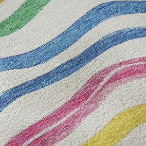 HomeRoots 8' X 8' Striped Washable Round Rug in Ivory, Blue, Yellow & Pink - UV Protected & Stain Resistant! 694559