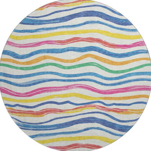 HomeRoots 8' X 8' Striped Washable Round Rug in Ivory, Blue, Yellow & Pink - UV Protected & Stain Resistant! 694559