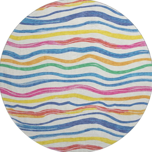 HomeRoots 8' X 8' Striped Washable Round Rug in Ivory, Blue, Yellow & Pink - UV Protected & Stain Resistant! 694559