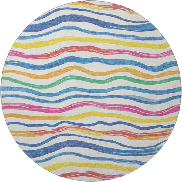 HomeRoots 8' X 8' Striped Washable Round Rug in Ivory, Blue, Yellow & Pink - UV Protected & Stain Resistant! 694559