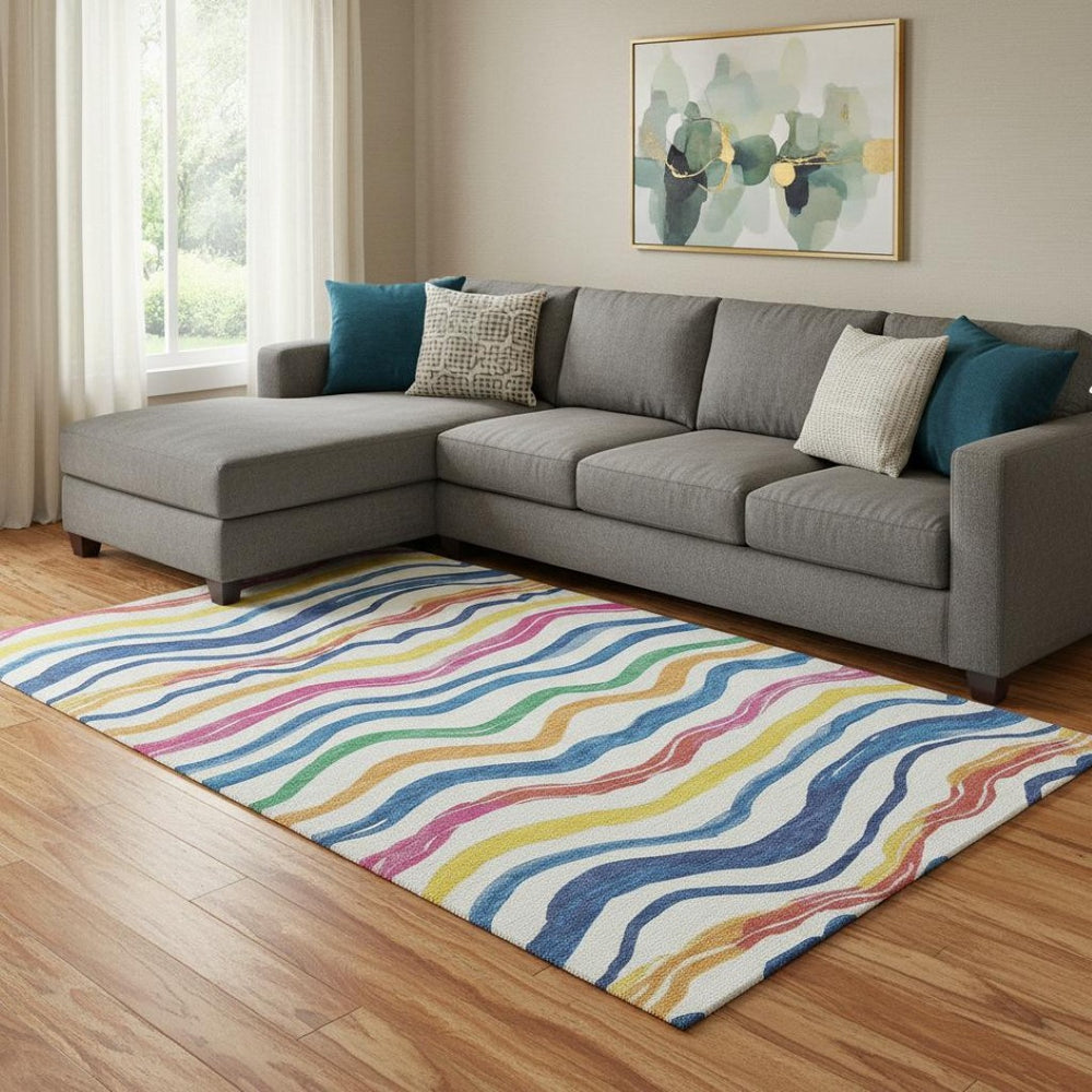 HomeRoots 8' Washable Area Rug with UV Protection - Colorful Ivory, Blue, Yellow & Pink Stripes for Active Homes 694560