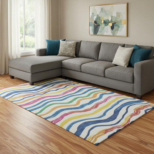 HomeRoots 8' Washable Area Rug with UV Protection - Colorful Ivory, Blue, Yellow & Pink Stripes for Active Homes 694560