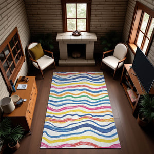 HomeRoots 8' Washable Area Rug with UV Protection - Colorful Ivory, Blue, Yellow & Pink Stripes for Active Homes 694560