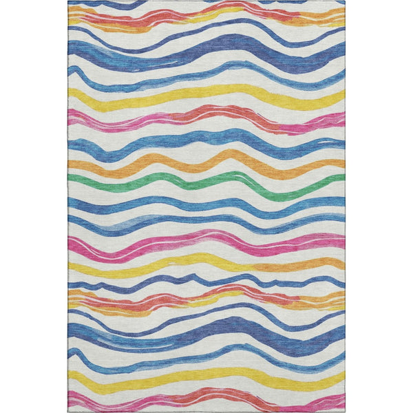 HomeRoots 8' Washable Area Rug with UV Protection - Colorful Ivory, Blue, Yellow & Pink Stripes for Active Homes 694560