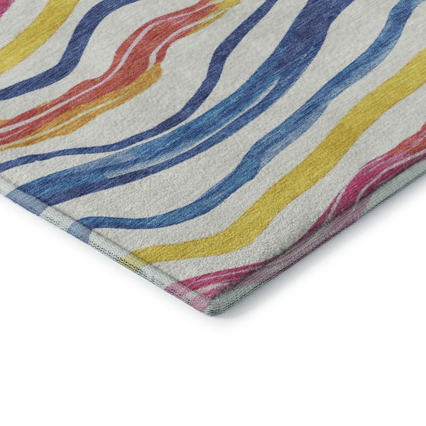 HomeRoots 8' Washable Area Rug with UV Protection - Colorful Ivory, Blue, Yellow & Pink Stripes for Active Homes 694560