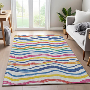 HomeRoots 8' Washable Area Rug with UV Protection - Colorful Ivory, Blue, Yellow & Pink Stripes for Active Homes 694560