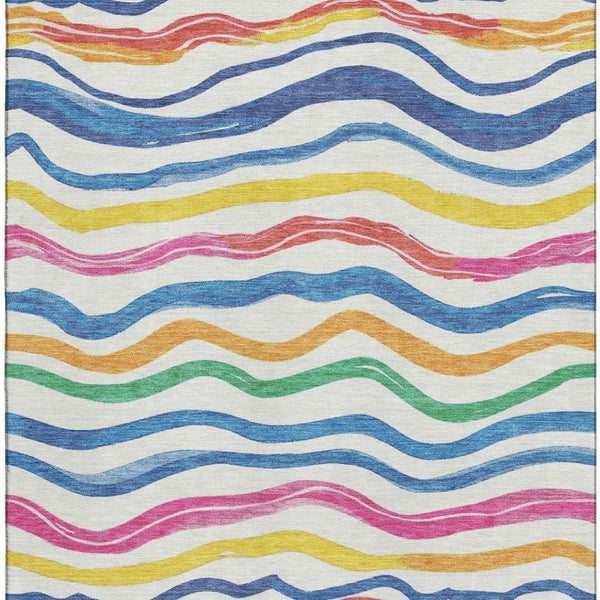 HomeRoots 8' Washable Area Rug with UV Protection - Colorful Ivory, Blue, Yellow & Pink Stripes for Active Homes 694560