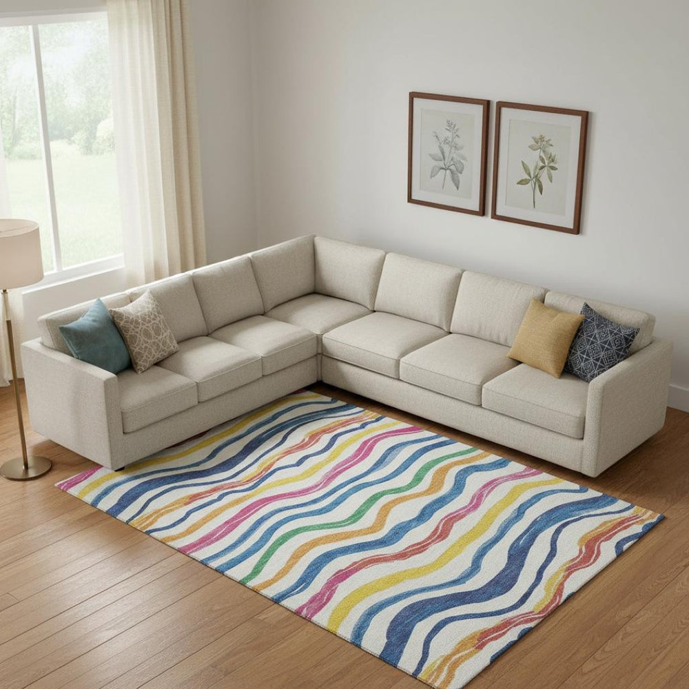 HomeRoots 10' Washable Area Rug with UV Protection - Striped Ivory, Blue, Yellow & Pink for Bright Spaces 694562
