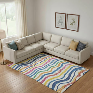 HomeRoots 10' Washable Area Rug with UV Protection - Striped Ivory, Blue, Yellow & Pink for Bright Spaces 694562