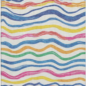 HomeRoots 10' Washable Area Rug with UV Protection - Striped Ivory, Blue, Yellow & Pink for Bright Spaces 694562