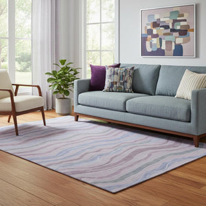 HomeRoots 5' X 8' Striped Lavender, Ivory, and Lilac Area Rug – UV Protected, Washable, and Kid-Friendly Design! 694564