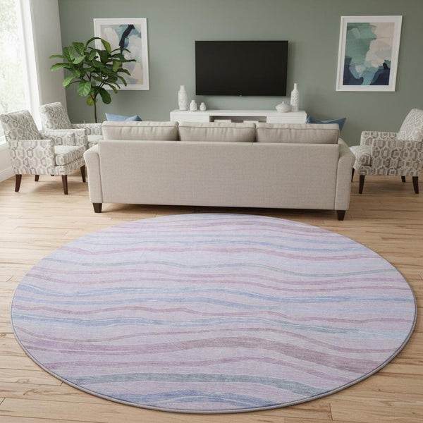 HomeRoots 8' X 8' Striped Lavender, Ivory & Lilac Washable Round Rug with UV Protection for High-Traffic Areas 694565