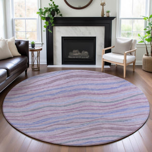 HomeRoots 8' X 8' Striped Lavender, Ivory & Lilac Washable Round Rug with UV Protection for High-Traffic Areas 694565