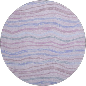 HomeRoots 8' X 8' Striped Lavender, Ivory & Lilac Washable Round Rug with UV Protection for High-Traffic Areas 694565