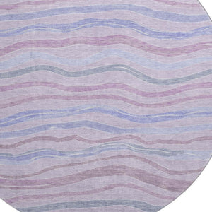 HomeRoots 8' X 8' Striped Lavender, Ivory & Lilac Washable Round Rug with UV Protection for High-Traffic Areas 694565