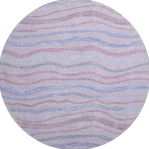 HomeRoots 8' X 8' Striped Lavender, Ivory & Lilac Washable Round Rug with UV Protection for High-Traffic Areas 694565