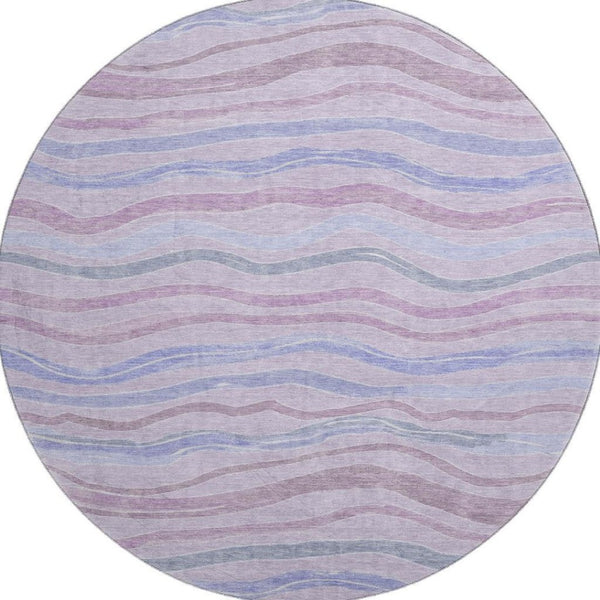 HomeRoots 8' X 8' Striped Lavender, Ivory & Lilac Washable Round Rug with UV Protection for High-Traffic Areas 694565