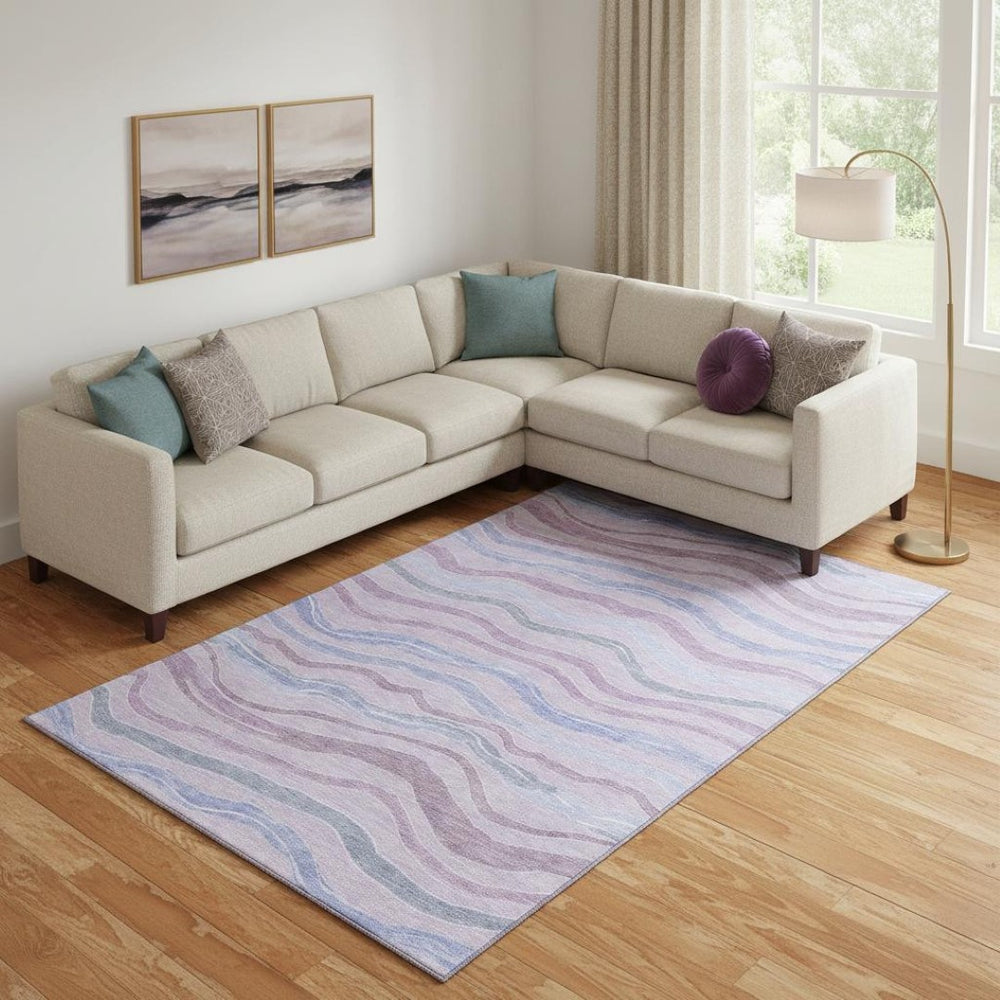HomeRoots 9' X 12' Stylish Lavender, Ivory & Lilac Striped Washable Area Rug with UV Protection & Durability 694567