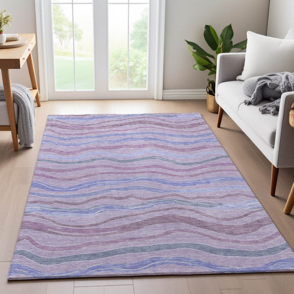 HomeRoots 9' X 12' Stylish Lavender, Ivory & Lilac Striped Washable Area Rug with UV Protection & Durability 694567